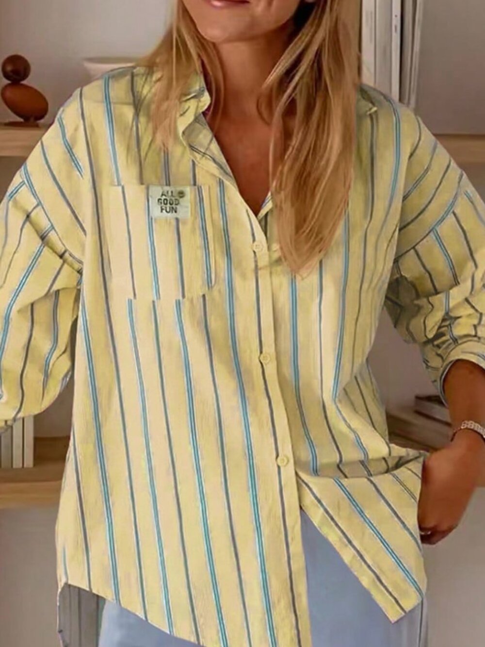 Yellow Casual Women's Striped Pocket Front Button Back Button Long Sleeve Shirt - Picture 6 of 6